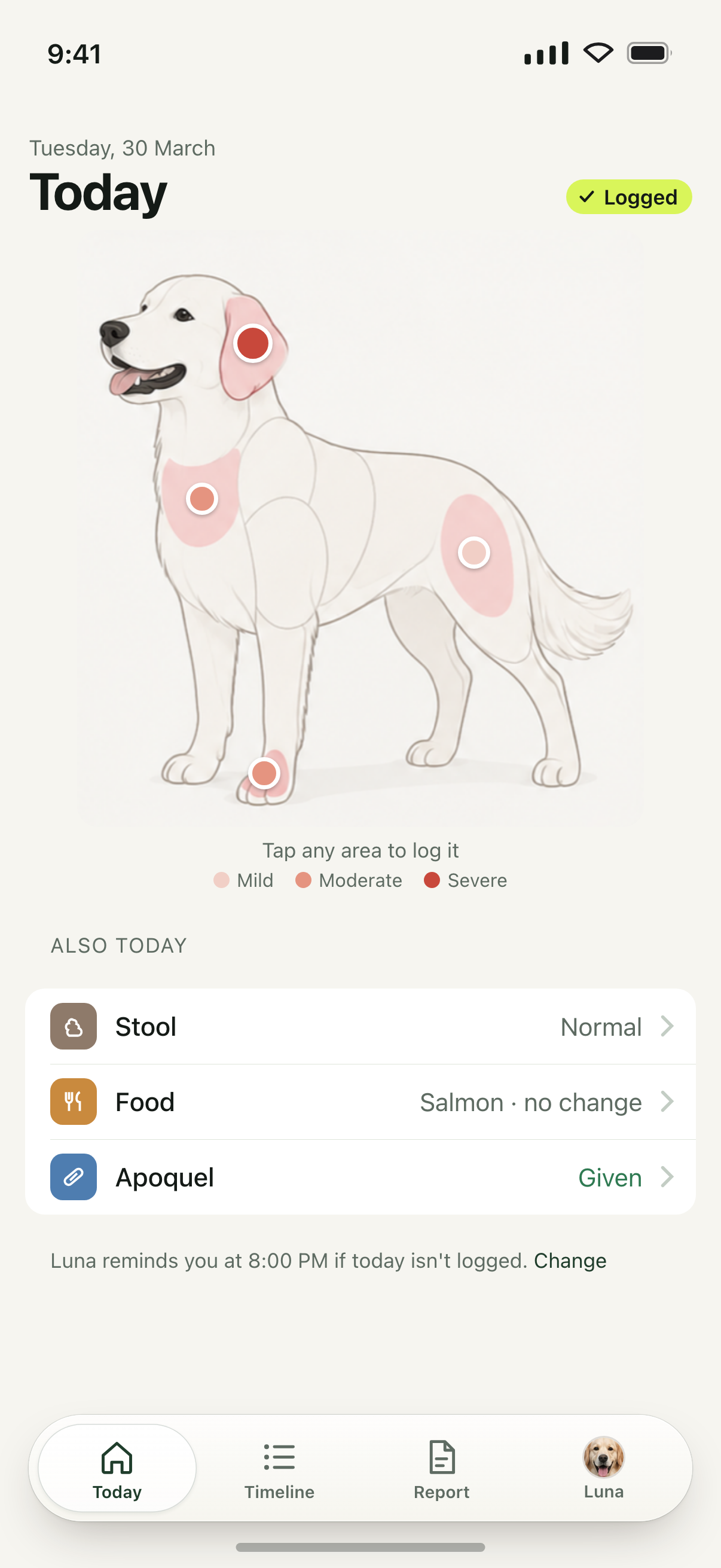 Dogtor's Today screen with a drawing of a golden retriever and four marked spots