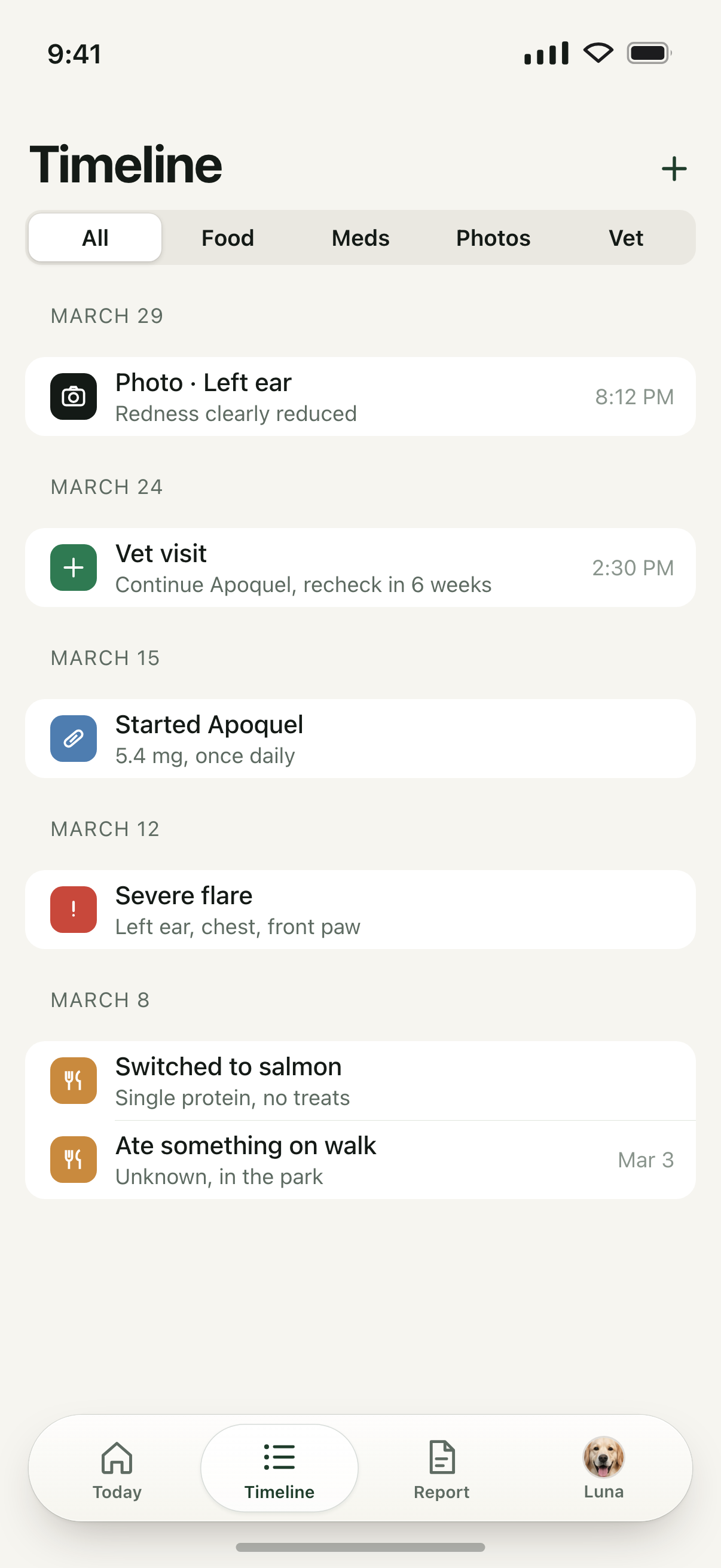 Timeline of food, meds, photos and vet visits